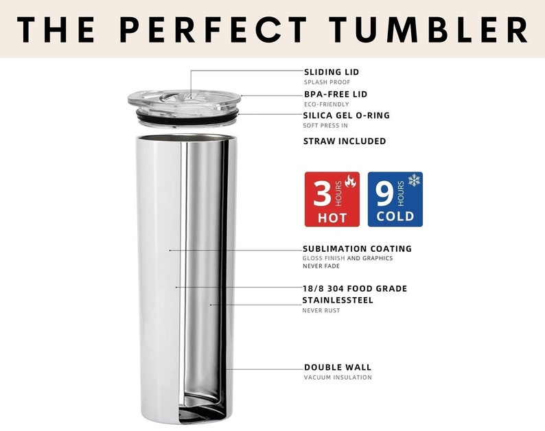 May include: A stainless steel tumbler with a double wall and vacuum insulation. It features a sliding lid, a BPA-free lid, and a silica gel O-ring. The tumbler keeps drinks hot for 3 hours and cold for 9 hours. It is made of 18/8 304 food grade stainless steel and has a sublimation coating that never fades.