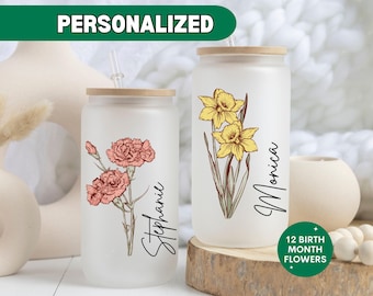 Personalized Birth Flower Glass Tumbler, Custom Name Birth Flower Frosted Cup, Mothers Day Gift for Her Birthday Bridesmaid Proposal