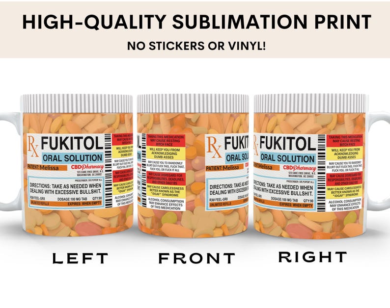 Fukitol Rx Prescription Mug Personalized Funny Nurse Mug Sarcastic ...
