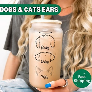 Personalized Dog Ear Glass Cup Two Sides, Custom Pet Name Tumbler, Iced Coffee Cup With Name, Dog Mom, Gifts for Her, Dog Lover, Dog Dad