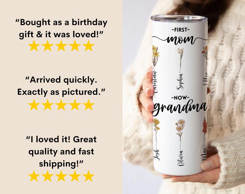 Personalized First Mom Now Grandma Tumbler, Custom Grandma's Garden, Birth Month Flower, Mothers Day Gift, Grandma Gift, Kids Names image 5