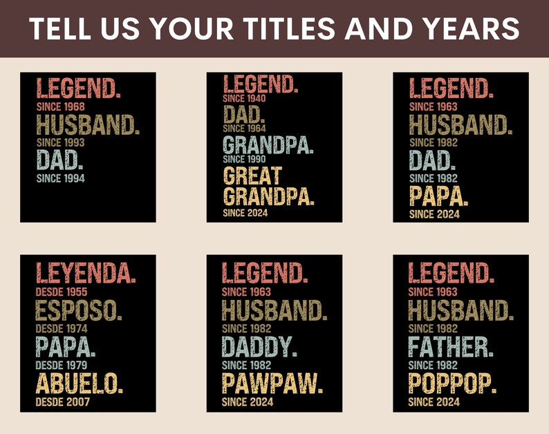 K&ouml;nnte beinhalten: Ein schwarz-wei&szlig;es Grafikdesign mit einer Vielzahl von Titeln und Jahren. Die Titel umfassen "Legend", "Husband", "Dad", "Grandpa", "Great Grandpa", "Leyenda", "Esposo", "Papa", "Abuelo", "Daddy", "Pawpaw", "Father" und "Poppop".