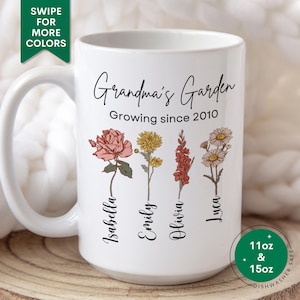Gift for Grandma Birth Month Flower Mug Grandma&#39;s Garden Mother&#39;s Day Gift from Grandkids Names Birthday Gift Grandma Coffee Cup