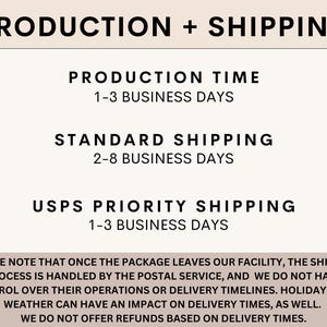 May include: Production and shipping information for an online store. The text states that production time is 1-3 business days, standard shipping is 2-8 business days, and USPS Priority Shipping is 1-3 business days. The text also states that once the package leaves the facility, the shipping process is handled by the postal service and they do not have control over delivery timelines. Holidays and weather can impact delivery times. Refunds are not offered based on delivery times.