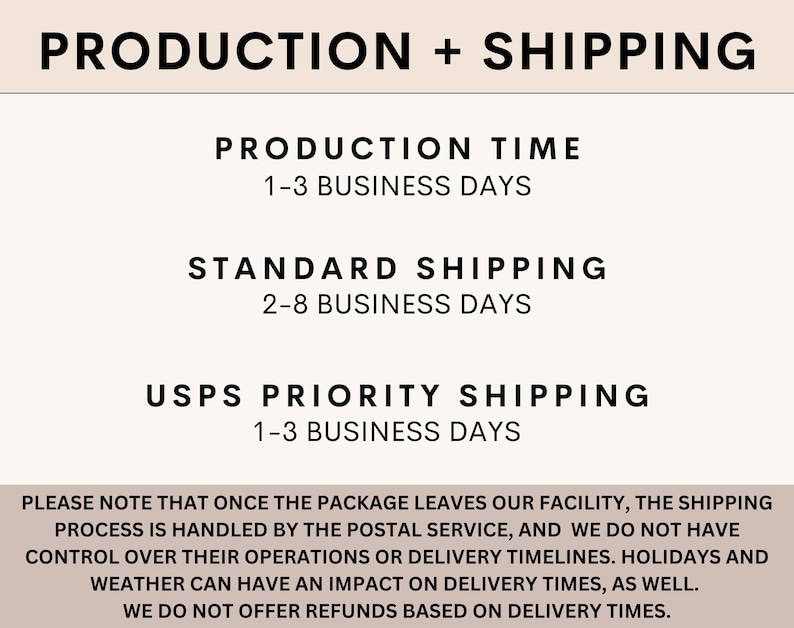 May include: Production and shipping information for an online store. The text states that production time is 1-3 business days, standard shipping is 2-8 business days, and USPS Priority Shipping is 1-3 business days. The text also states that once the package leaves the facility, the shipping process is handled by the postal service and they do not have control over delivery timelines. Holidays and weather can impact delivery times. Refunds are not offered based on delivery times.