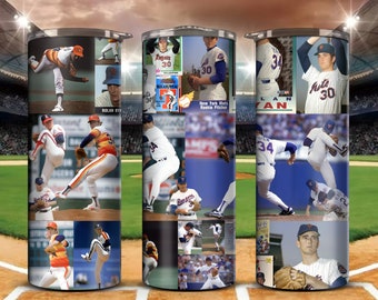 May include: Three stainless steel insulated tumblers featuring collages of baseball player Nolan Ryan in various team uniforms. Each tumbler has a different collage, with images of Ryan pitching and in action. The tumblers are on a baseball field.