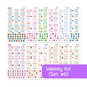 May include: A collection of planner stickers featuring days of the week, dates, and icons. The stickers are arranged on rectangular sheets with a variety of colors and designs, including hearts, flowers, and food items.