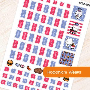 July July 4th BBQ Hobonichi Weeks Weekly Planner Sticker Kit | Red & Blue Patriotic Theme Fits Hobonichi Weeks