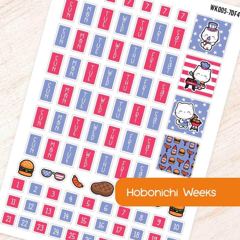 July July 4th BBQ Hobonichi Weeks Weekly Planner Sticker Kit | Red & Blue Patriotic Theme Fits Hobonichi Weeks