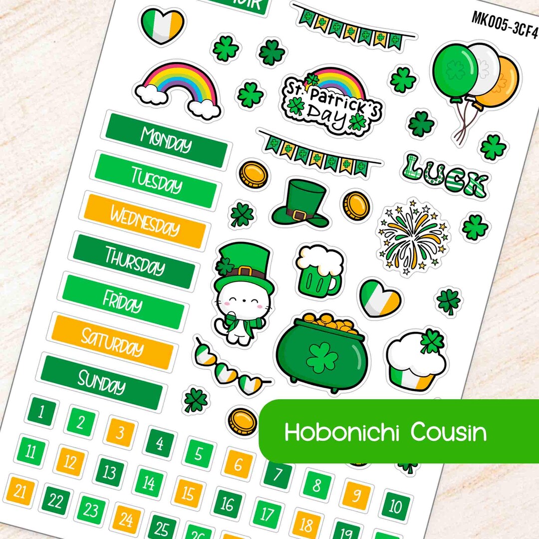 March St. Patrick's Day Hobonichi Cousin A5 Monthly Planner Sticker Kit ...