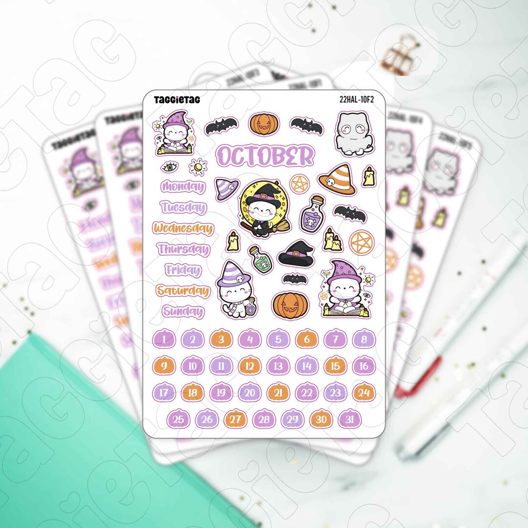 Halloween Stickers for Planner October Sticker Sheet - Cat Calendar ...