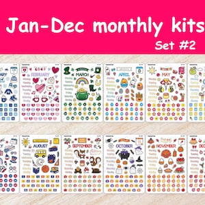 Set #2 Monthly Planner Stickers Sheets for 12 Months Different Themes -  Cute Deco Stickers for Planners and Bullet Journals