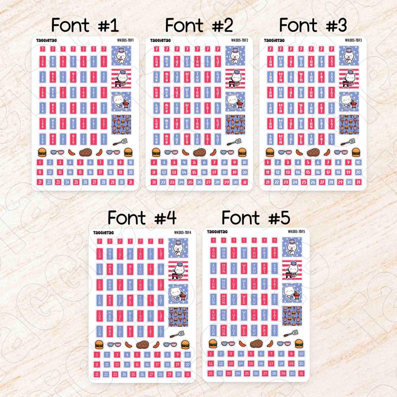 July July 4th BBQ Hobonichi Weeks Weekly Planner Sticker Kit | Red & Blue Patriotic Theme Fits Hobonichi Weeks available in 5 different fonts