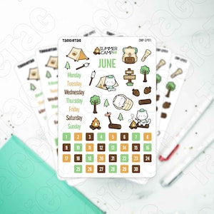 May include: A sheet of stickers featuring a June calendar with camping-themed illustrations. The stickers include a tent, a campfire, a backpack, a cat wearing a scout hat, and a sign that says "Camping".