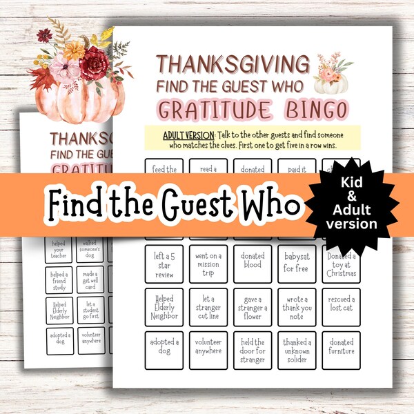 Find the Guest Bingo, Gratitude Game, Thanksgiving Bingo, Find The Guest Who,  Find the Guest Thanksgiving, Ice Breaker Game, Thankful Game