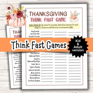 Thanksgiving Think Fast Game, Thanksgiving Quiz, Family Dinner Games, Kids Table Activity, Games for teens, family, adults, kids Printable