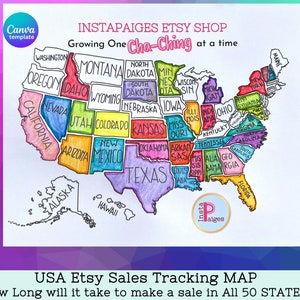 Carte des ventes Etsy des États-Unis, suivi des commandes des vendeurs Etsy, carte des ventes à colorier de la boutique Etsy, imprimable, tracker de carte des objectifs de la petite entreprise