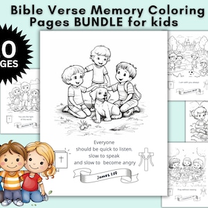 May include: A set of 10 coloring pages featuring Bible verses and illustrations of children. The pages are designed for kids and include verses like "You are the light of the world" and "Everyone should be quick to listen, slow to speak, and slow to become angry".