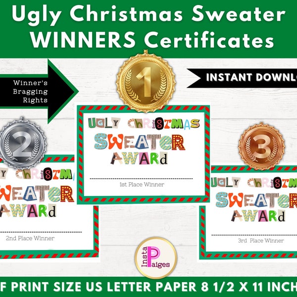 Christmas Holiday Ugly Sweater Contest Winner Certificates / Printable Awards for Holiday Contest / Corporate Ice-Breaker Party Activity