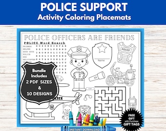 May include: Black and white coloring placemat featuring a police officer, a police car, a helicopter, a word search, and a maze. The placemat is titled "Police Officers Are Friends".
