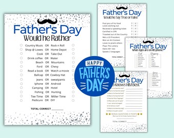 May include: A set of four printable Father's Day game cards with a silver glitter background. The games include "Would He Rather", "Would He Say True or False", "What Apps are on His Phone?" and "Who Knows Him Best".