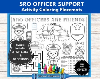 May include: Black and white coloring placemat featuring a police officer, a police car, a dog, and a word search puzzle. The placemat includes the text "SRO OFFICERS ARE FRIENDS".