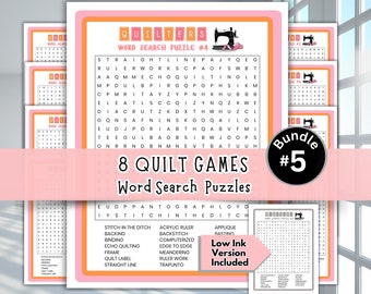 May include: A bundle of 8 quilting word search puzzles. The puzzles are printed on pink and orange paper with a black and white sewing machine graphic. The title of the bundle is "8 Quilt Games Word Search Puzzles". The text "Bundle #5" is printed in a black circle.
