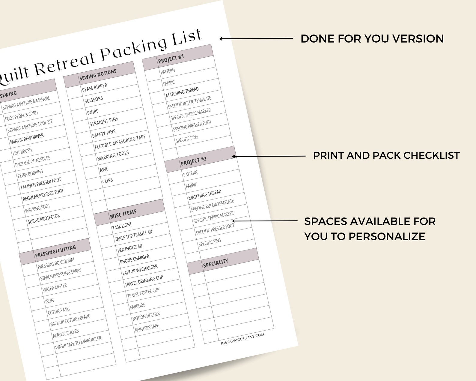 Quilt Retreat Packing Bundle, Quilters Retreat Packing Checklist, Quilt Retreat Travel Guide