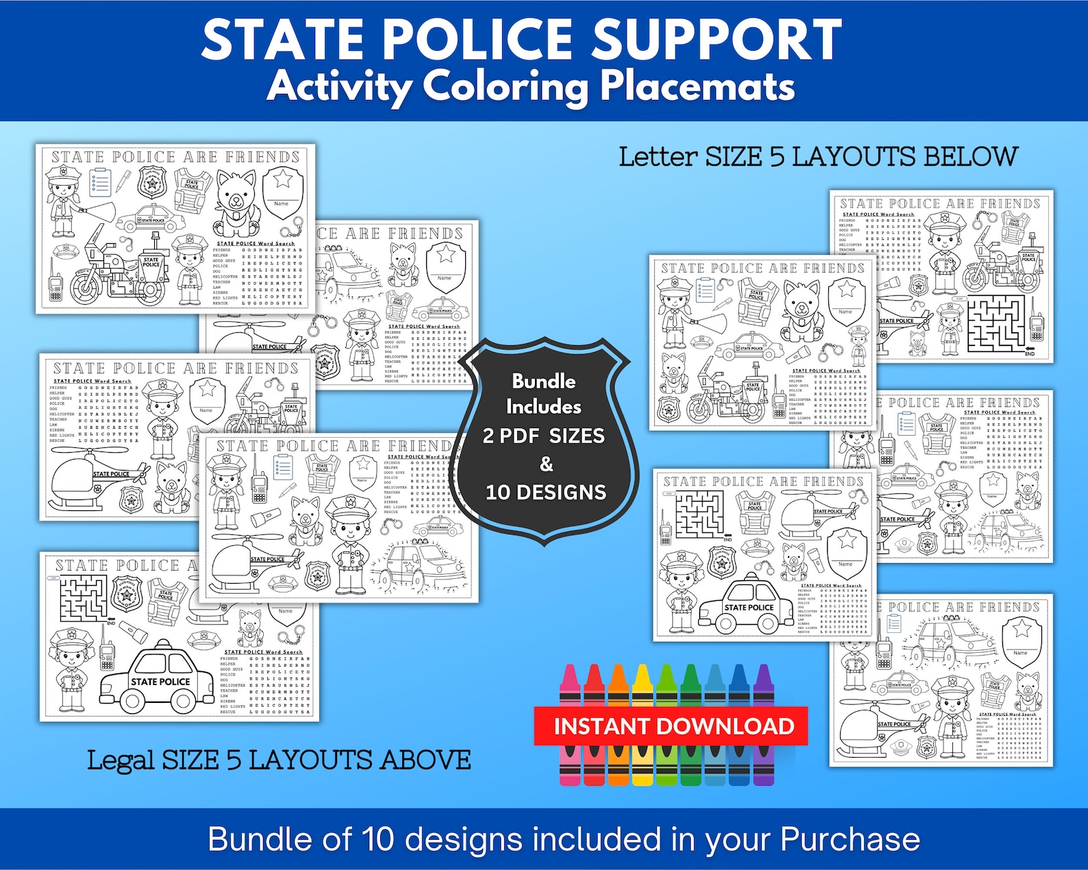 State Police Support Activity Coloring Placemats / Law Enforcement ...