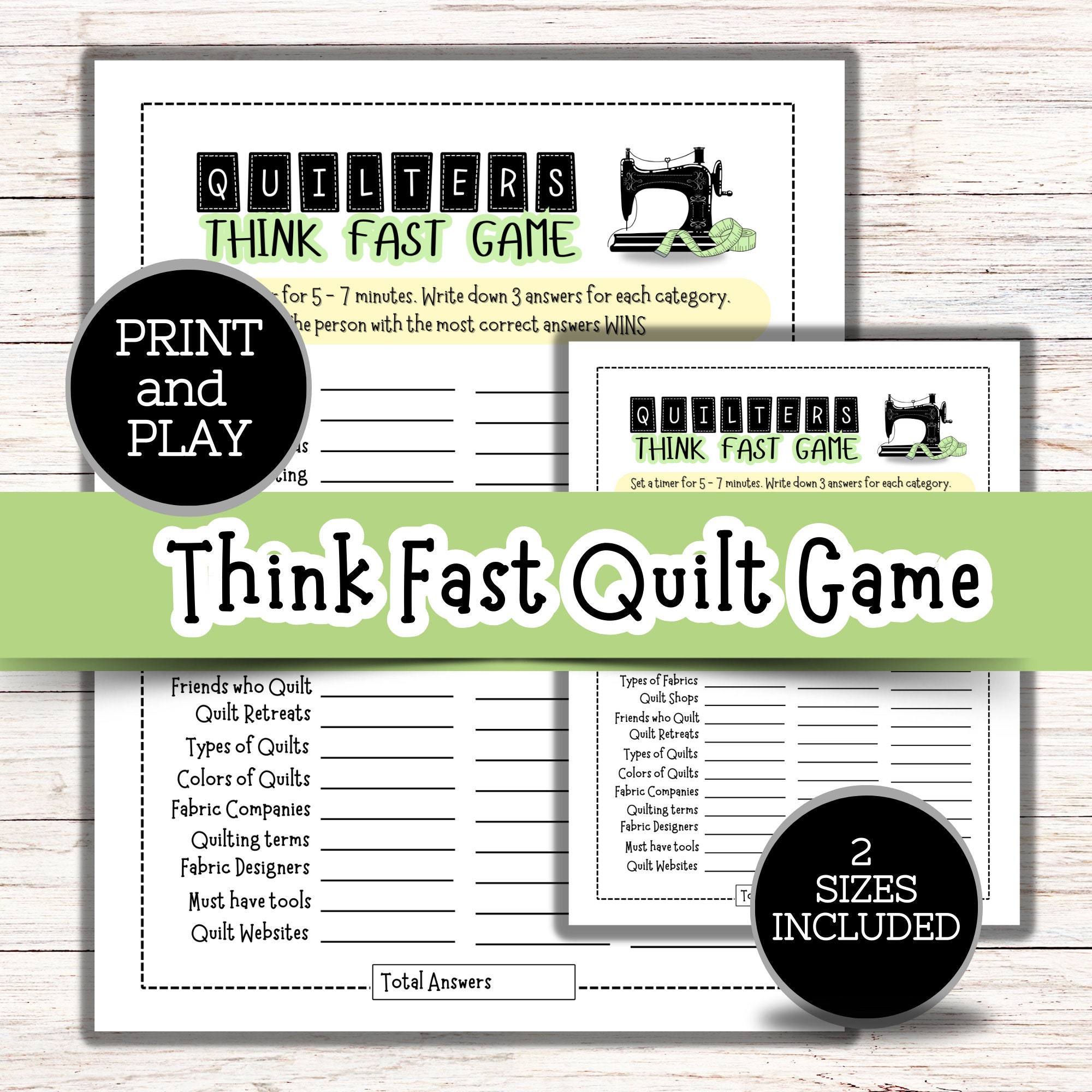 Quilt Game, Think Fast Quilt Game, Quilt Retreat Games, Quilt Guild Games, Retreat Activities, Ice Breaker Game (Green)