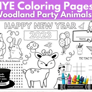 New Year&#39;s Eve Activity Coloring Placemats / NYE Coloring Pages / Woodland Animals theme / Table Activity for restaurants or home