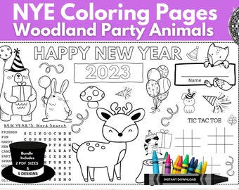 New Year's Eve Activity Coloring Placemats / NYE Coloring Pages / Woodland Animals theme / Table Activity for restaurants or home