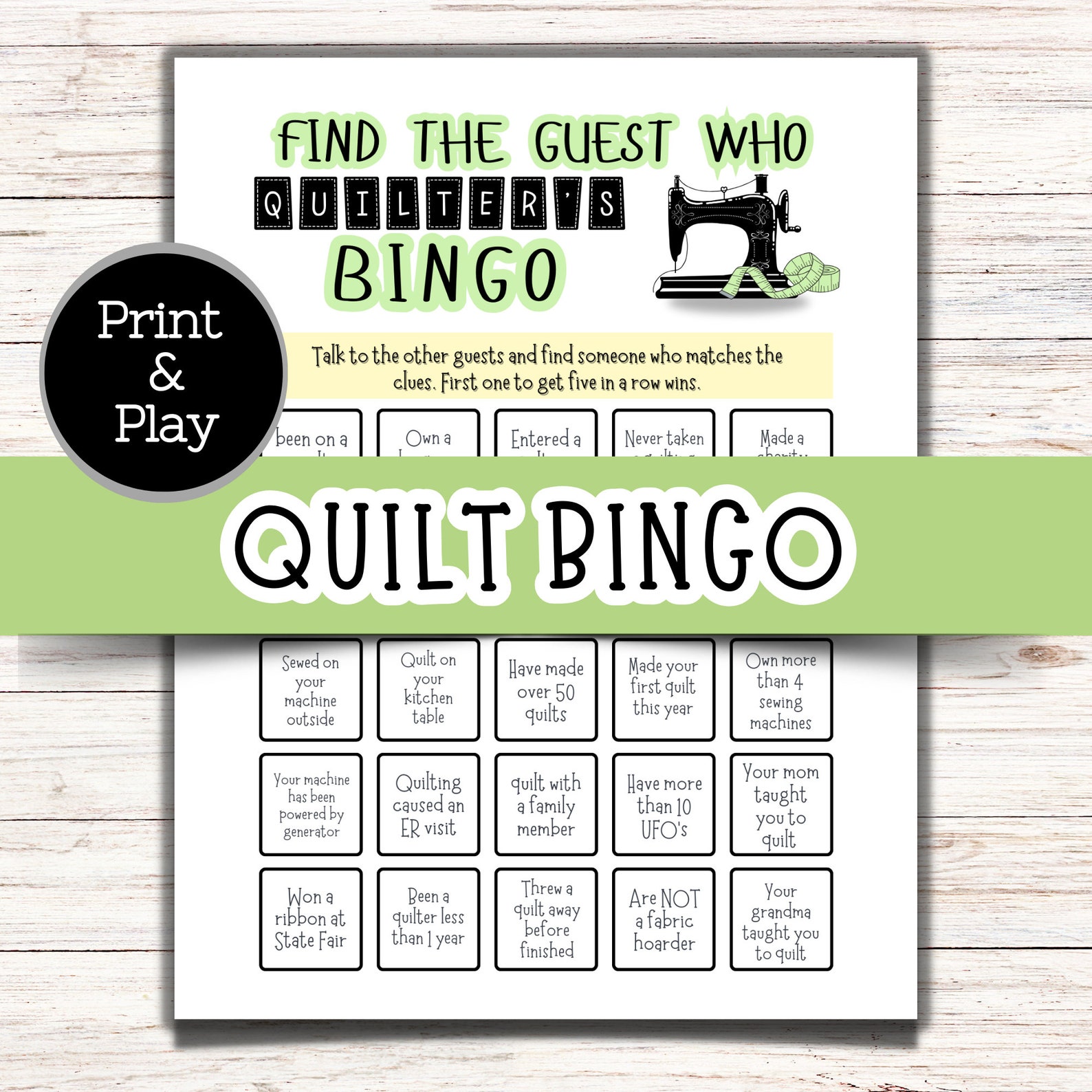 Quilt Bingo Game, Find the Guest Who, Quilt Guild Games, Retreat