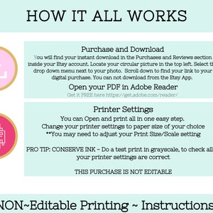 May include: A pink and gold download icon, a pink and gold printer icon, and a light blue and white text box with instructions on how to download and print a digital product. The text box says "How it all works", "Purchase and Download", "Open your PDF in Adobe Reader", "Printer Settings", "PRO TIP: CONSERVE INK", and "THIS PURCHASE IS NOT EDITABLE".