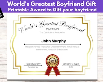 World's Greatest Boyfriend Award Certificate, 6 month Anniversary, Sentimental, Long-Distance Relationship boyfriend gift