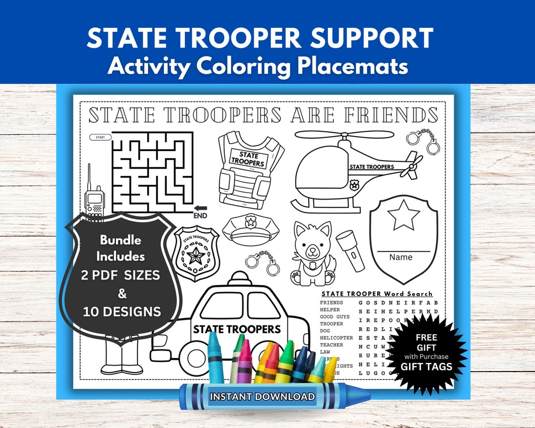 State Trooper Support Activity Coloring Placemats / Law Enforcement ...