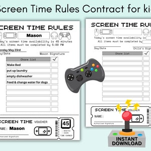 May include: Printable screen time rules contract for kids with a checklist of chores and a screen time voucher. The contract includes a space for the child's name, the date, and a signature. The voucher has a space for the child's name and a signature. The contract is decorated with a black and green video game controller.