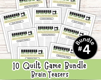 May include: A bundle of 10 printable quilt-themed brain teaser word games. The games are titled "Quilters Brain Teaser Word Game" and feature different quilting terms like "Nine Patch Block", "Quilt Retreat", "Cotton Batting", "Quilting Friends", "Quilt Sampler", "Longarm Quilter", "Sewing Machine", "Rotary Cutter", "Walking Foot", and "Measuring Tape".