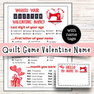 Quiltspel Valentijnsnaamspel, Valentijnsdagbijeenkomst, IJsbreker, Quiltgildespellen, Quiltclub, Retraite-activiteiten, Spellen voor quilters