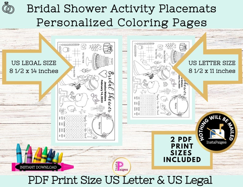Bridal Shower Coloring Page Placemats Custom Unique Wedding Etsy