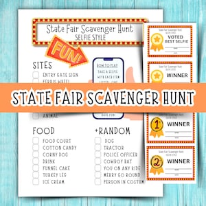 May include: A printable state fair scavenger hunt game with a red and white marquee design. The game includes a list of items to find at the fair, such as food, animals, and rides. There are also spaces for players to take selfies with each item. The game includes a winner's certificate with a gold star.
