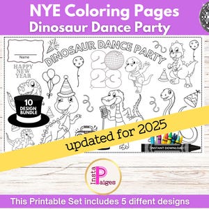 New Year&#39;s Eve Activity Coloring Placemats / NYE Coloring Activity Page /Dinosaur Dance Party Theme / Kids Table Activity for Restaurants