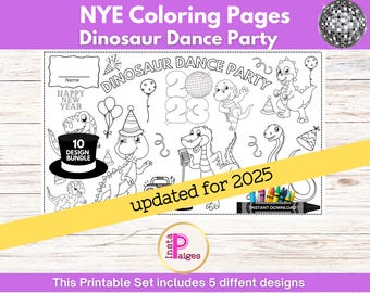 May include: Black and white printable coloring pages featuring dinosaurs dancing at a New Year's Eve party. The pages include the text "Dinosaur Dance Party" and "Happy New Year".