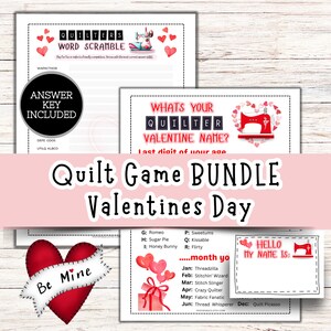 Op de afbeelding: Een printbare Valentijnsdag-spelbundel voor quilters. De bundel bevat een woordpuzzel, een "Wat is je Quilter Valentijnsnaam?" spel en een "Hallo, mijn naam is" bord. De spellen bevatten harten, naaimachines en quilt-themaontwerpen.