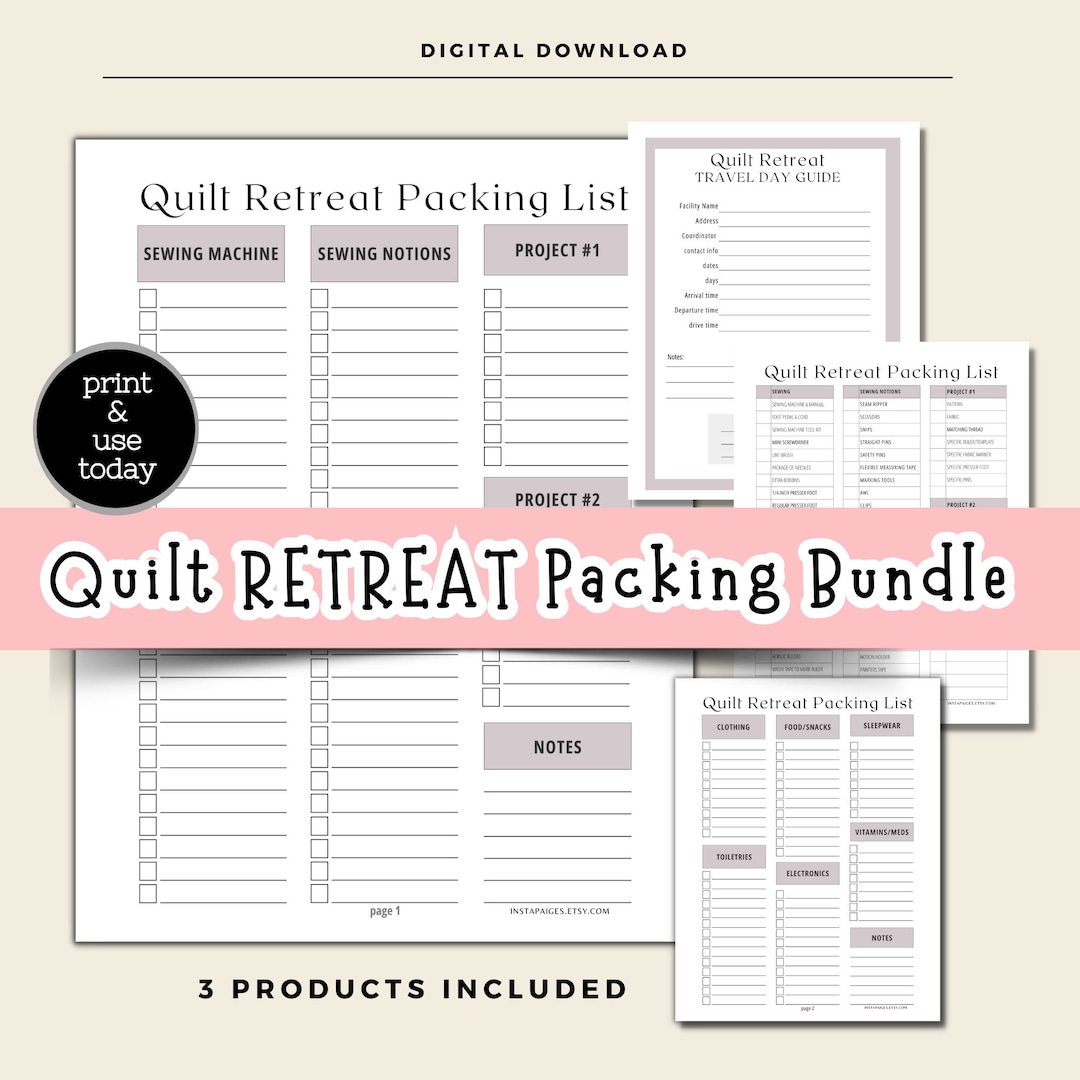 Quilt Retreat Packing Bundle, Quilters Retreat Packing Checklist, Quilt Retreat Travel Guide