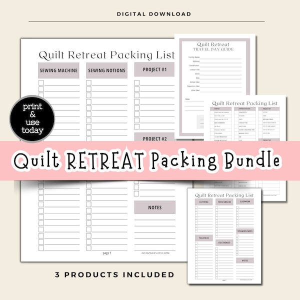 Quilt Retreat Packing Bundle, Quilters Retreat Packing Checklist, Quilt Retreat Travel Guide, Instant Download, Quilt Retreat Printables