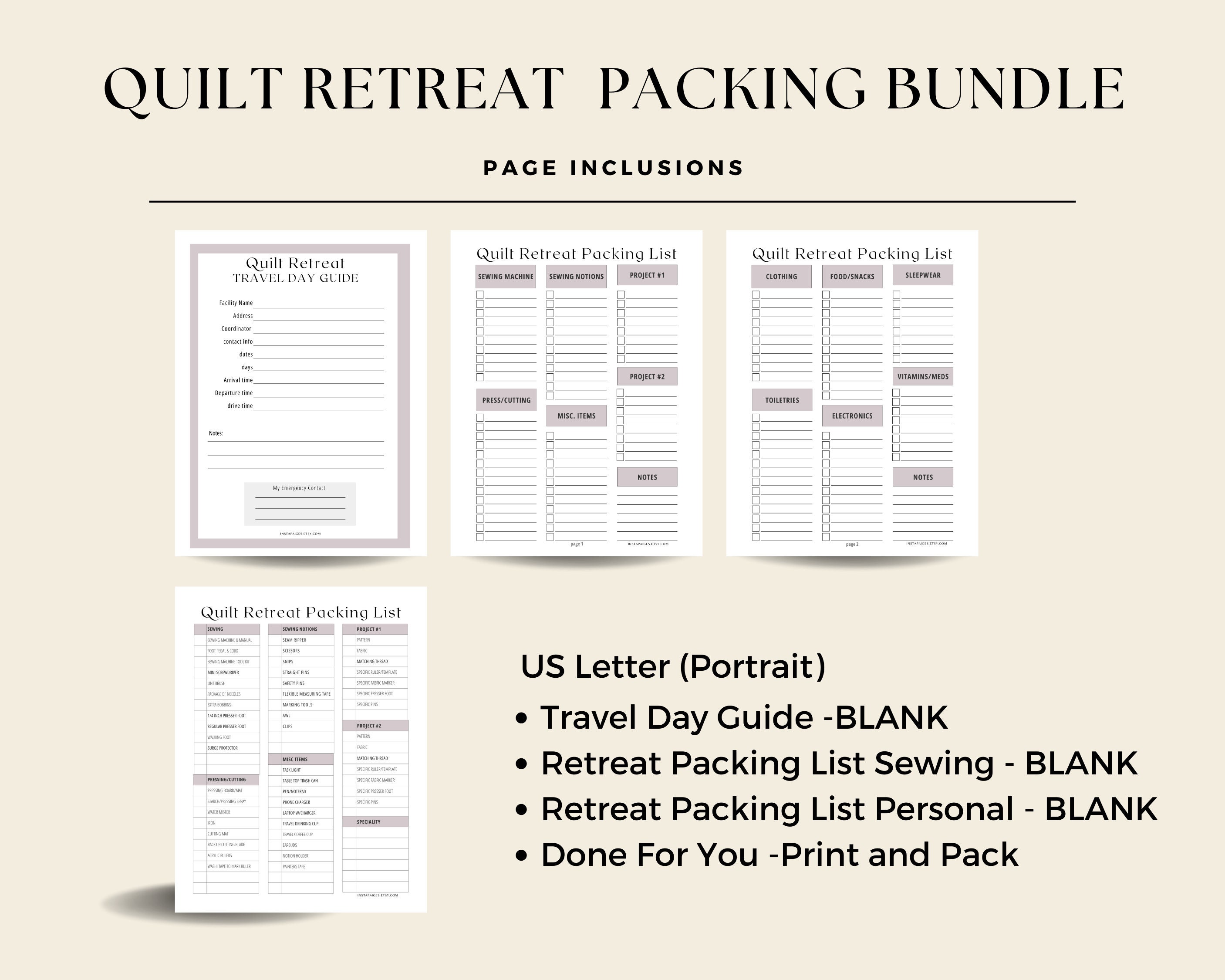 Quilt Retreat Packing Bundle, Quilters Retreat Packing Checklist, Quilt Retreat Travel Guide
