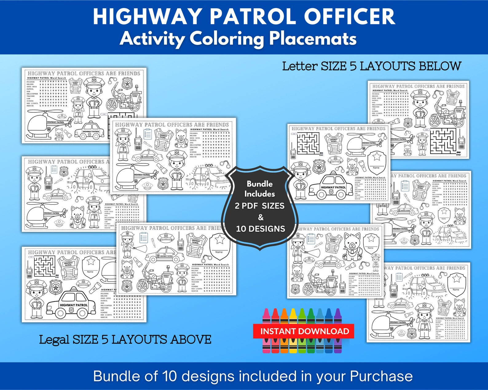 Highway Patrol Officers / Police Support Activity Coloring Placemats ...