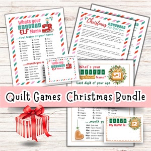 May include: A pink and green printable Christmas quilt game bundle with a gingerbread house and elf illustrations. The games include "What's your Quilter Elf Name?", "What's your Quilter Gingerbread Name?" and "Christmas Left Right Game".