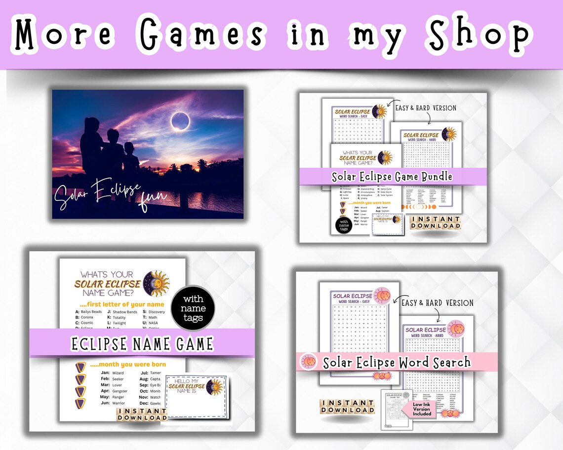 Solar Eclipse Game Bundle, Word Search, Name Game, Games for Kids ...